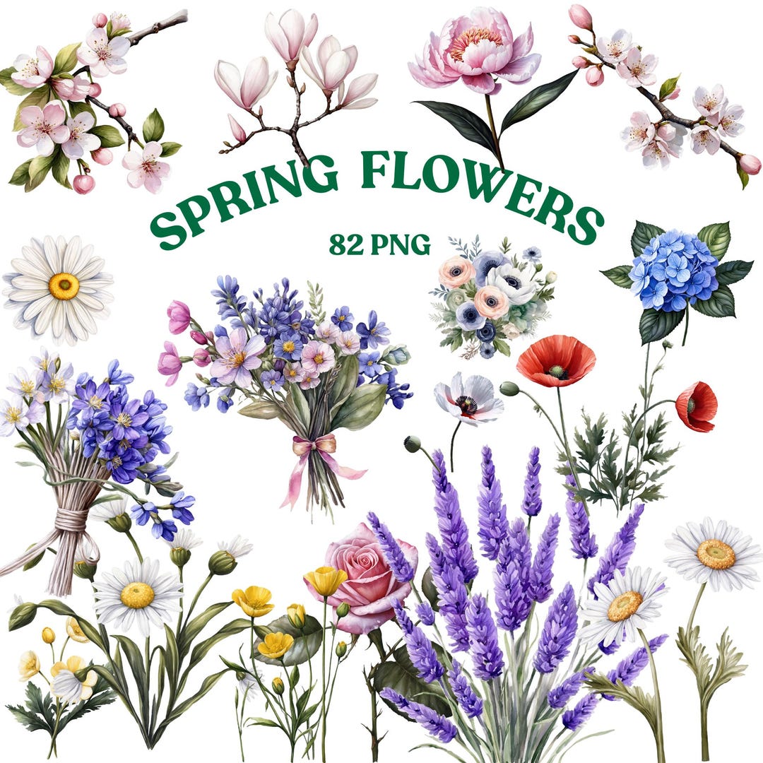 Spring Flower Watercolor Clipart Bundle, Botanical Floral PNG Set ...