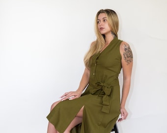 Leinen Midi Kleid mit Gürtel Relaxed Fit, Taschen