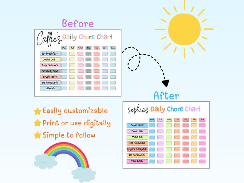Editable Kids Daily and Weekly Chores, Routine Chart, Printable ...