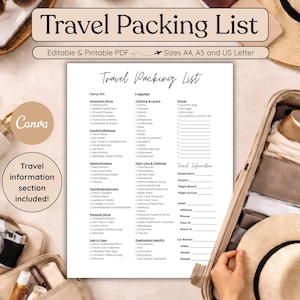 以下が含まれることがあります： 機内持ち込み品、衣類、毎日のケア、旅行情報などのセクションがある、印刷可能な旅行パッキングリスト。リストは編集および印刷可能で、A4、A5、およびUSレターサイズです。画像には帽子、スーツケース、カメラが含まれています。