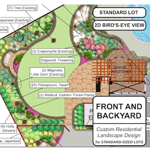 May include: A 2D bird's-eye view landscape design plan for a standard-sized lot. The plan includes labeled features such as trees, shrubs, and an arbor addition. The design is for the front and backyard, with text indicating custom residential landscape design.