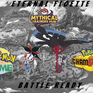 Puede incluir: Imagen en escala de grises con los textos "Eternal Floette" y "Battle Ready". Se ven los logotipos de "Pokemon Home" y "Pokemon Champions", junto con un logotipo de "Mythical Trainers Hub". También aparecen personajes de dibujos animados.