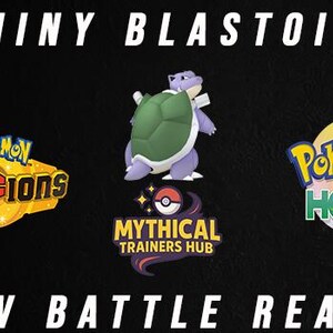 Puede incluir: Un gráfico digital que muestra un personaje Blastoise variocolor en tonos morado y verde. El texto dice SHINY BLASTOISE en la parte superior y 6IV BATTLE READY en la inferior. Incluye los logotipos de Pokemon Champions, Mythical Trainers Hub y Pokemon Home.