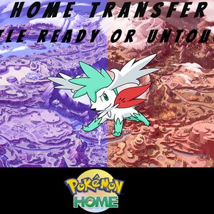 May include: A digital graphic featuring a split-tone map background with a central Shaymin character. Text reads HOME TRANSFER BATTLE READY OR UNTOUCHED. Bottom elements include a Pokémon Home logo, an Express Delivery icon, and a Mythical Trainers Hub logo.