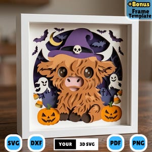 3D Halloween Highland Cow Shadow Box SVG, Cute Witch Papercut Template, Spooky Pumpkin Ghost Lightbox File, Cricut Silhouette Fall Decor