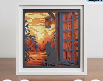 Caja de sombras 3D SVG de gato en la ventana, recorte de papel en capas de mascota, diseño de escena nocturna acogedora para Cricut, caja de luz para decoración del hogar