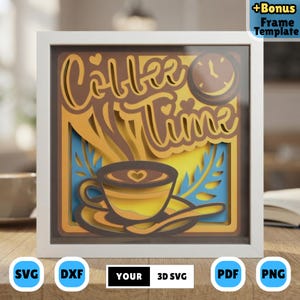 Op de afbeelding: Een gelaagde papieren schaduwdoos met een koffiekopje met een hartontwerp op de schotel en stoom die erboven uitstijgt. De tekst Coffee Time wordt weergegeven in een gestileerd lettertype, vergezeld van een klokpictogram, alles in een wit frame.