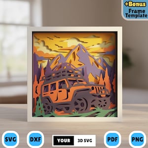 Może przedstawiać: Oprawione dzieło sztuki z papieru 3D przedstawiające pomarańczowy pojazd terenowy na tle górskiego krajobrazu z zachodzącym słońcem. Grafika jest w białej ramie. Na dole ramy widnieje napis "YOUR 3D SVG".