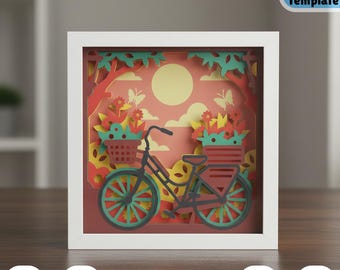 Caja de sombras floral de bicicleta primaveral SVG 3D, diseño de paseo en jardín primaveral cortado en papel en capas para Cricut, diseño de caja de luz natural para manualidades de decoración del hogar