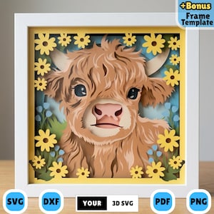 May include: A layered paper art piece featuring a brown Highland cow with large eyes, surrounded by yellow flowers and blue accents. The artwork is set in a white frame with the text "YOUR 3D SVG" at the bottom.