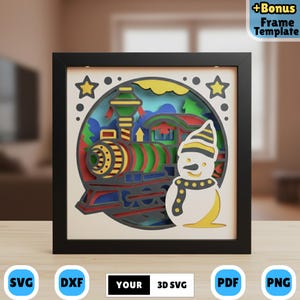 May include: A framed, layered paper art piece featuring a colorful train and a snowman. The train is red, green, and blue, and the snowman wears a hat and scarf. The frame is black, and the background is a light beige.