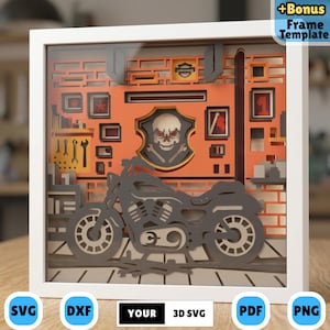 May include: A framed paper art piece with a motorcycle design, in shades of orange and grey. The artwork includes a skull emblem and the text "YOUR 3D SVG". The piece is a 3D SVG template, presented in a white frame.