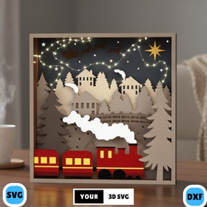 May include: A layered wooden Christmas scene featuring a red train with yellow windows, white smoke, and a snowy village. The artwork includes a starry night sky, trees, and a string of lights. The text "YOUR 3D SVG" is visible.
