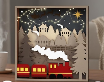 3D Christmas Village Laser Cut Lightbox, Layered Christmas Train Scene, Winter Shadow Box Decor, Holiday Town Lightbox Display