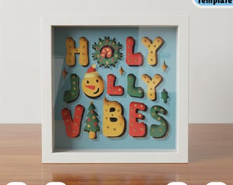 Holy Jolly Vibes Shadow Box 3D SVG, Layered Christmas Typography Papercut Design for Cricut Silhouette, Festive Holiday Lightbox Craft Decor