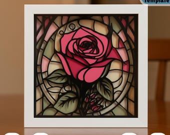 Caja de sombras de vitral con rosas en formato SVG 3D, diseño floral romántico cortado en papel en capas para Cricut, decoración artesanal con caja de luz, arte de bricolaje con flores en 3D