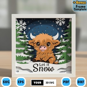 Christmas Highland Cow 3D Shadow Box SVG, Layered papercut Winter Decor, Cute Holiday PaperCraft, Let it Snow Lightbox, Seasonal DIY Display