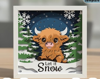 Christmas Highland Cow 3D Shadow Box SVG, Layered papercut Winter Decor, Cute Holiday PaperCraft, Let it Snow Lightbox, Seasonal DIY Display