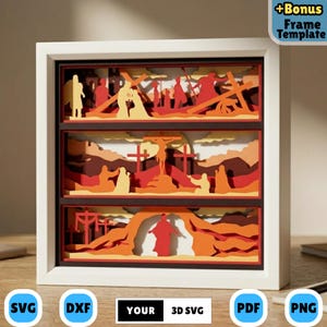 Scatola a effetto tridimensionale delle Stazioni della Via Crucis (SVG), Ritaglio di carta a strati della Resurrezione di Gesù, Modello per lightbox della Passione di Pasqua, Decorazione murale cristiana del Calvario