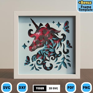 May include: A framed paper art piece featuring a layered unicorn head design. The unicorn is red with black floral details, surrounded by blue leaves and butterflies. The frame is white, and the artwork includes the text "+Bonus Frame Template".