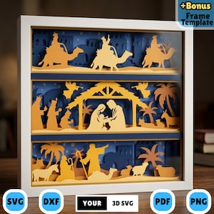 Puede incluir: Una obra de arte en papel 3D enmarcada que representa una escena de la Natividad. La obra presenta siluetas de los tres reyes magos sobre camellos, la Sagrada Familia, ángeles y animales, todo en tonos amarillos y azules. El marco es blanco.