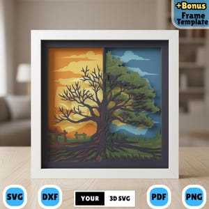 Peut inclure: Une œuvre d'art en papier 3D encadrée représentant un arbre divisé en deux moitiés. Un côté montre un arbre nu sous un coucher de soleil orange, l'autre un arbre feuillu sous un ciel bleu. Le cadre est blanc, et l'œuvre comprend le texte "YOUR 3D SVG".