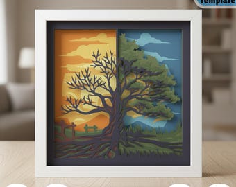 Caja de sombras de árbol de dos estaciones (SVG 3D), diseño de corte de papel en capas, arte de caja de luz natural de árbol medio verde y desnudo para Cricut, decoración SVG natural DIY