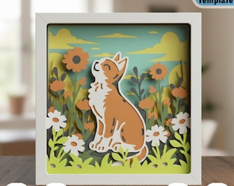 Caja de sombras 3D SVG de gato oliendo flores, escena floral cortada en capas, diseño de escena natural para Cricut, caja de luz para decoración del hogar