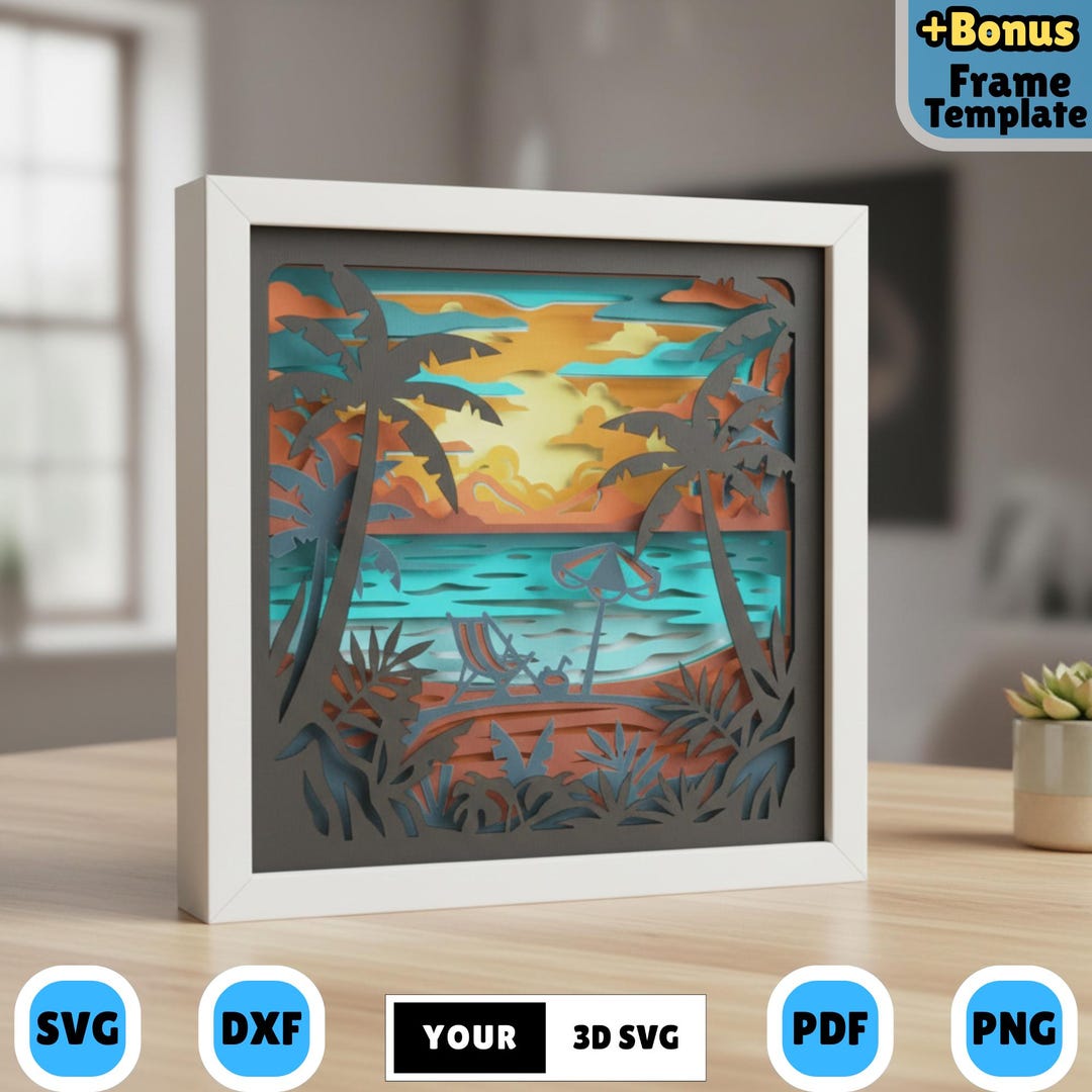 Tropical Beach Sunset Shadow Box SVG, Seaside Vacation Layered Paper ...
