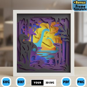 May include: A framed layered paper art piece featuring a dinosaur scene in blue, purple, and yellow. The artwork is in a white square frame. The image includes the text "YOUR 3D SVG" and file type icons for SVG, DXF, PDF, and PNG.