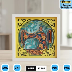 May include: A layered paper art piece featuring a sewing machine design. The artwork is framed in a white square frame with a yellow background. The sewing machine is decorated with orange and blue floral patterns. The frame includes the text "+Bonus Frame Template".