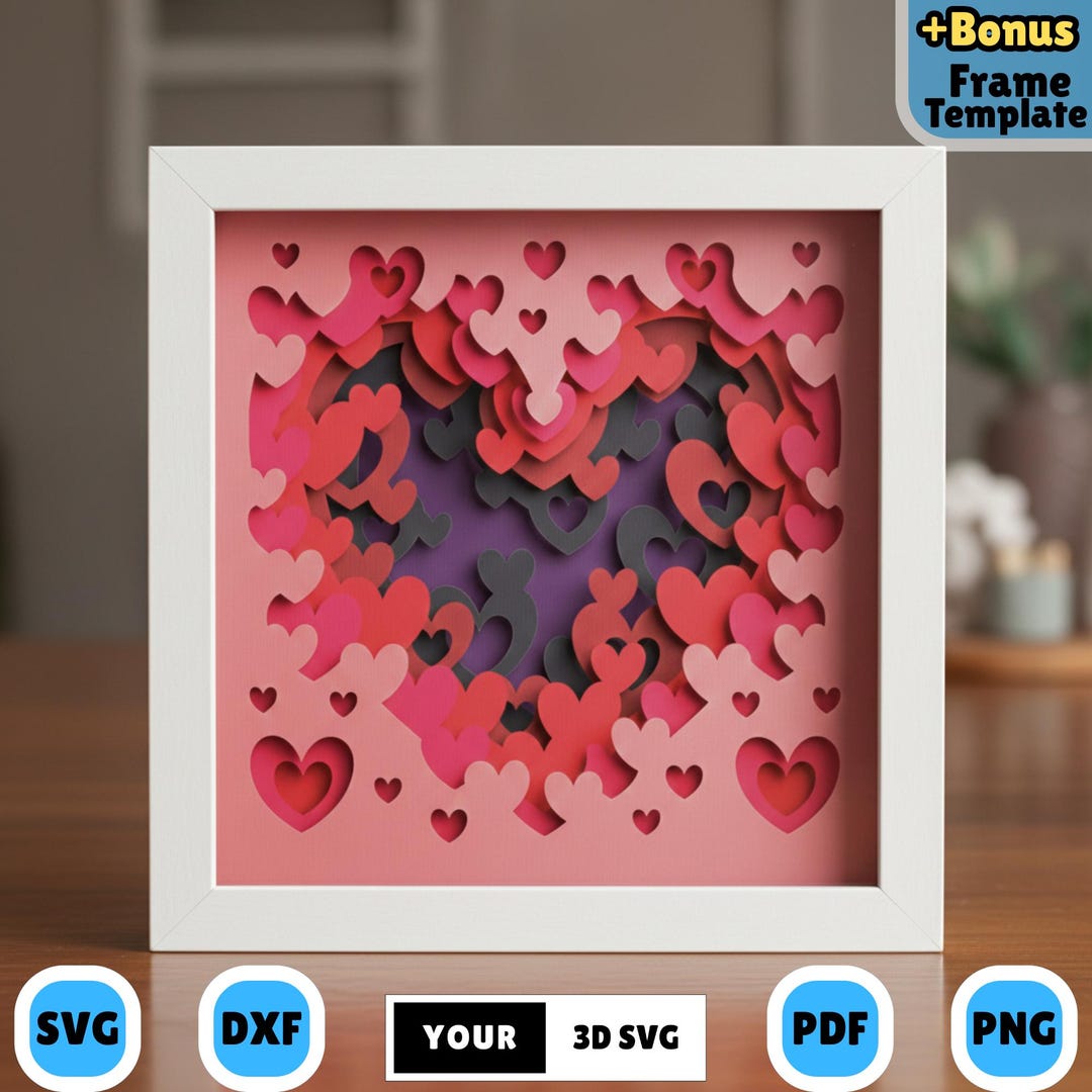 Heart Shapes Shadow Box SVG 3D, Layered Paper Cut Romantic Love Design ...
