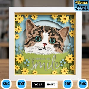 3D Happy Cat Spring Shadow Box SVG, Kitten Grass Layered Papercut, You Make Me Smile Wall Art, Silhouette Lightbox SVG Cutting Template File