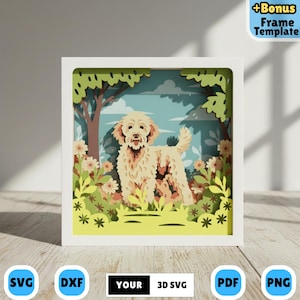 May include: A layered paper art piece featuring a fluffy, light-colored dog in a park scene. The artwork is framed in a white square, with a background of trees, flowers, and a blue sky. The text "+Bonus Frame Template" is in the upper right corner.