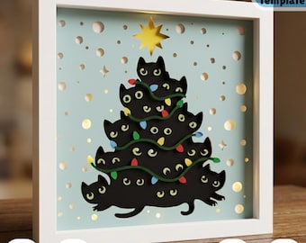Svart katt julgran skugglåda 3D SVG, lager på lager vinterpappersklippsdesign, festlig katt ljuslåda pappershantverk för Cricut, jul DIY-dekor