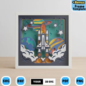 May include: A layered paper art piece featuring a space shuttle launching amidst planets, stars, and clouds. The artwork is framed in white and includes the text "YOUR 3D SVG" and file type icons for SVG, DXF, PDF, and PNG.