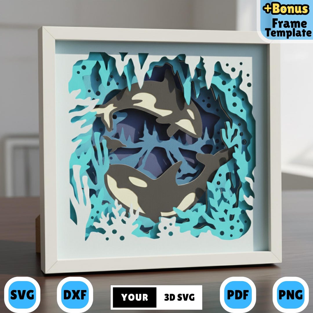 Swimming Orca Family 3D Shadow Box SVG, Layered Paper Cut Ocean ...
