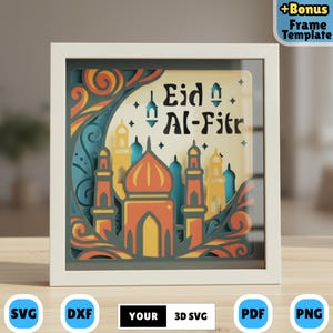 May include: A layered paper art piece in a white frame, featuring a mosque design with the text "Eid Al-Fitr". The artwork uses orange, yellow, blue, and green colors. The frame includes SVG, DXF, PDF, and PNG file format options.