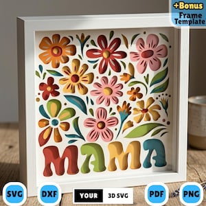 Könnte beinhalten: Ein gerahmtes Blumenkunstwerk mit weißem Rahmen. Das Kunstwerk zeigt farbenfrohe, geschichtete Blumen in Orange-, Rot-, Rosa- und Gelbtönen mit grünen Blättern. Das Wort "MAMA" wird in einer Retro-Schriftart unten angezeigt. Enthält SVG-, DXF-, PDF- und PNG-Dateiformate.