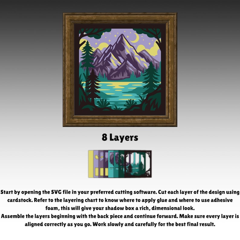 Moonlit Mountain Lake 3D Shadow Box SVG, Layered Paper Cut Starry Night ...