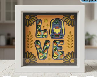 Caja de sombras 3D con diseño de gnomo de primavera, SVG, caja de luz de papel floral en capas, adorable arte mural de gnomo de jardín para decoración primaveral y proyectos de Cricut.