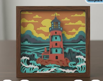 May include: A layered paper art piece depicting a lighthouse scene. The lighthouse is red and teal, set against a yellow and orange sky with white clouds. The artwork is framed in a brown wooden box. The image includes the text "+Bonus Frame Template".