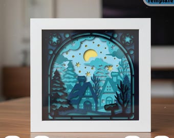 Winter Village Shadow Box 3D SVG, Layered Paper Cut Christmas Scene, Cozy Snowy Houses Landscape Lightbox Cricut, 3D Holiday DIY Papercraft