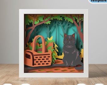 Caja de sombras 3D con diseño de gato de picnic, escena de bosque recortada en papel en capas, bonita cesta de gato negro con luz natural, decoración de pared, artesanía de primavera para mascotas SVG
