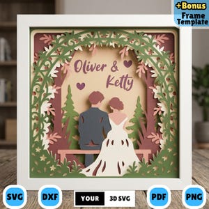 May include: A framed 3D paper art piece featuring a couple seated on a bench, with the names "Oliver & Ketty" above them. The artwork uses layers of paper in shades of green, brown, and cream, with a white frame. The image includes SVG, DXF, PDF, and PNG icons.