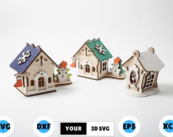 Pueblo navideño cortado con láser SVG, decoración navideña en capas, adorno de pueblo navideño, minicasas de invierno 3D, decoración de mesa navideña