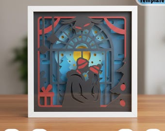 Couple on Christmas Eve 3D Shadow Box SVG, Romantic Winter Papercraft Scene for Cricut, Silhouette, Lightbox Layered Cut File Template