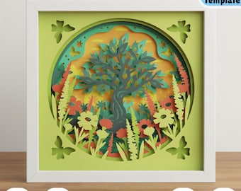 Árbol de la vida en primavera, caja de sombras 3D SVG, escena floral natural recortada en papel en capas, plantilla de caja de luz para decoración del hogar, archivo SVG de arte de pared