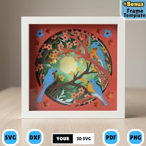May include: A framed paper art piece featuring three blue and orange birds perched on a tree branch. The artwork has a layered design with a red and green background, a yellow moon, and white frame.