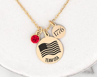 Team USA Necklace, America Jewelry 1776 Pendant Necklace, Patriotic Gift, American Flag Pendant, United States Flag Charm, 250th Anniversary